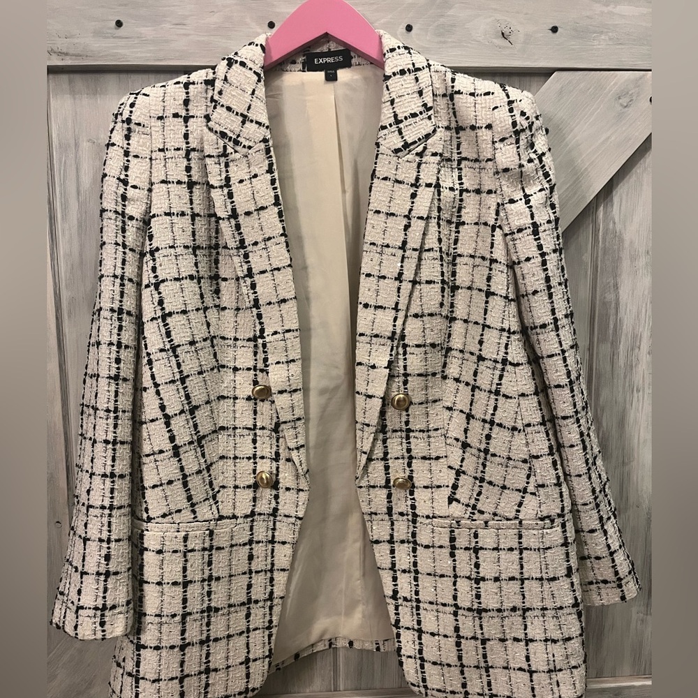 Express White Black Plaid Tweed Boyfriend Blazer Gold Buttons Lady Jacket NEW
